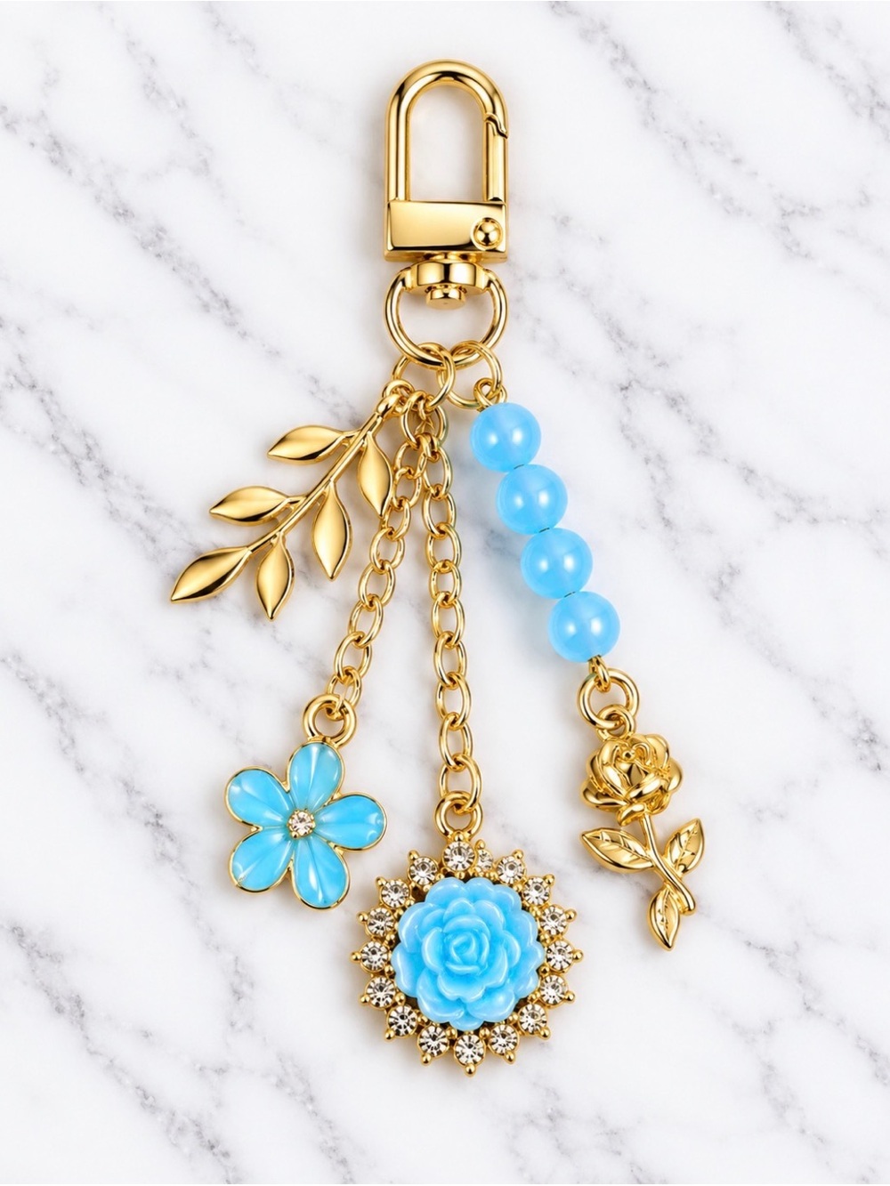 Bag Charm/Keyring-Blue Flower Charms With Gold Tone Accents on Gold Hardware